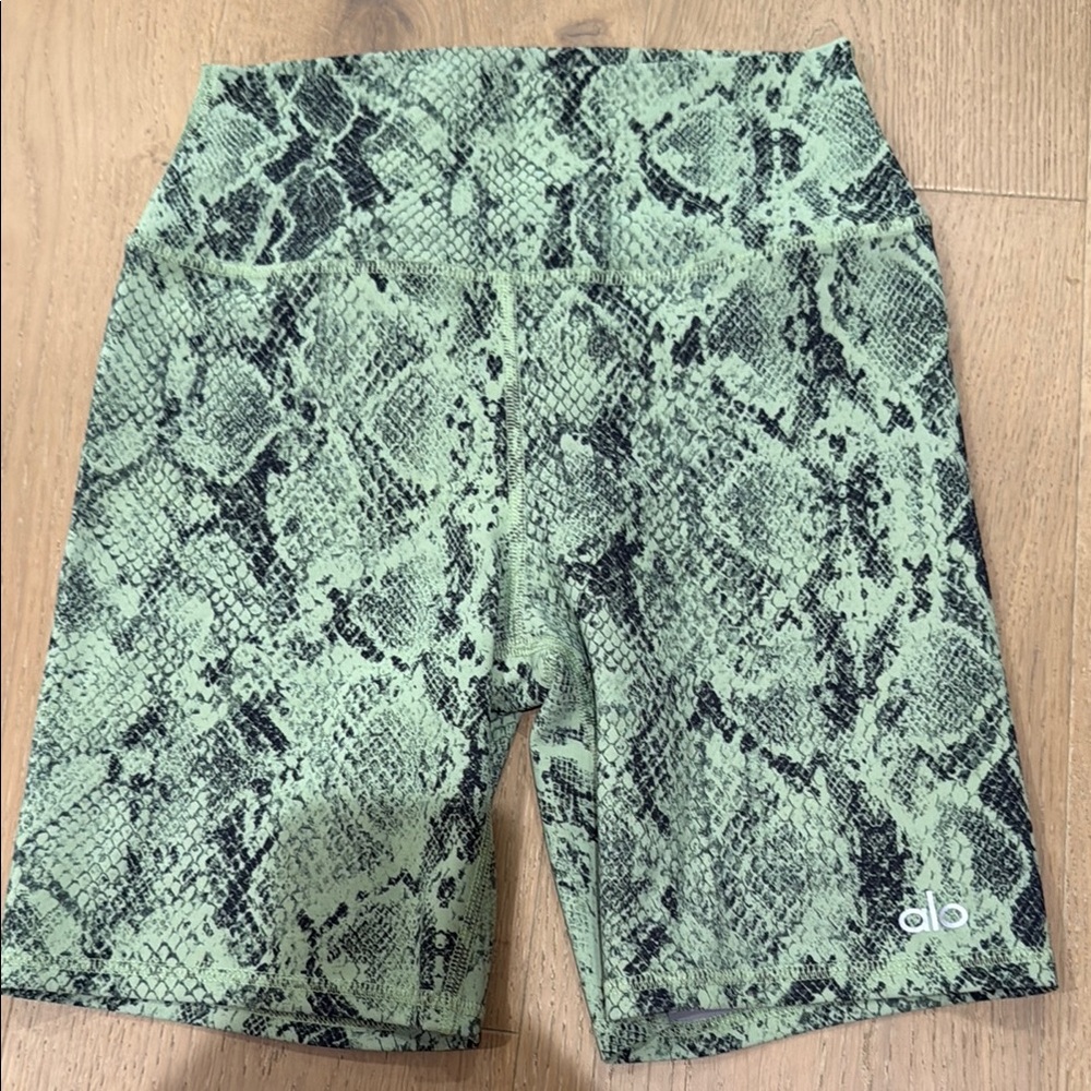ALO Yoga Green Bike Shorts with Snakeskin Print